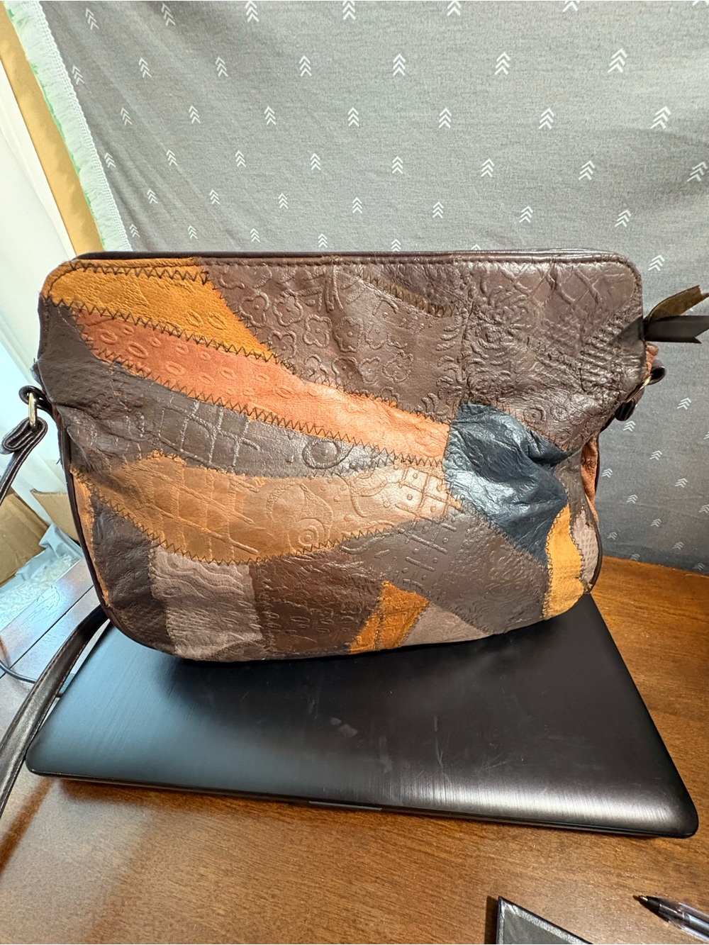 Patchwork Leather Shoulder Bag in Brown & Tan. Monique. Strap 40 in.